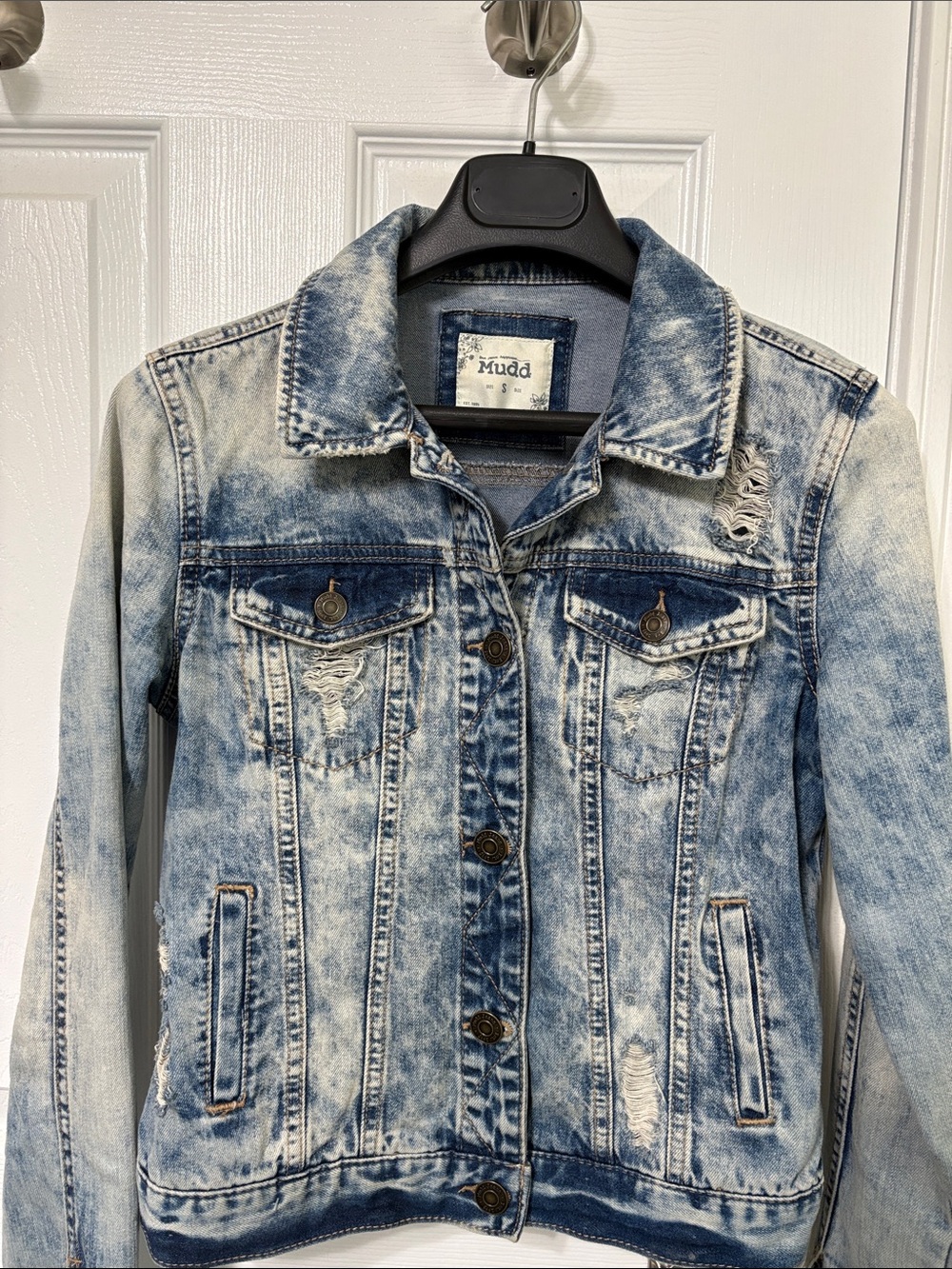 Mudd Women's Distressed Acid Wash Blue Denim Jacket